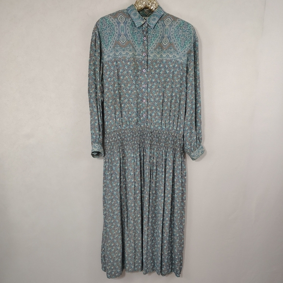 Vintage Dresses & Skirts - Vintage 80s California Girl Women's Blue Floral Long Maxi Dress Size 14 Coastal